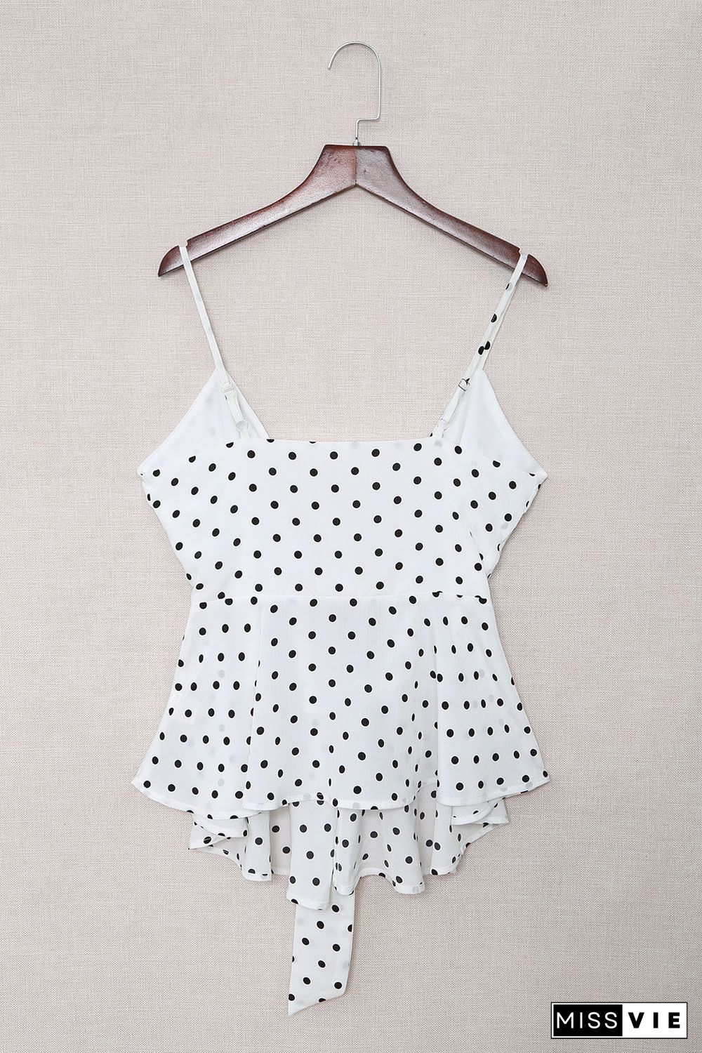 White Polka Dot Print Bow Knot Warp V Neck Cami Top