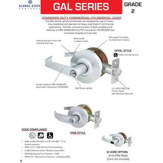 Global Door Controls Eiffel Standard Duty Brushed Chrome Grade 2 Commercial Cylindrical Entry Door Handle with Lock and Clutch Function GAL-1151L-R-626