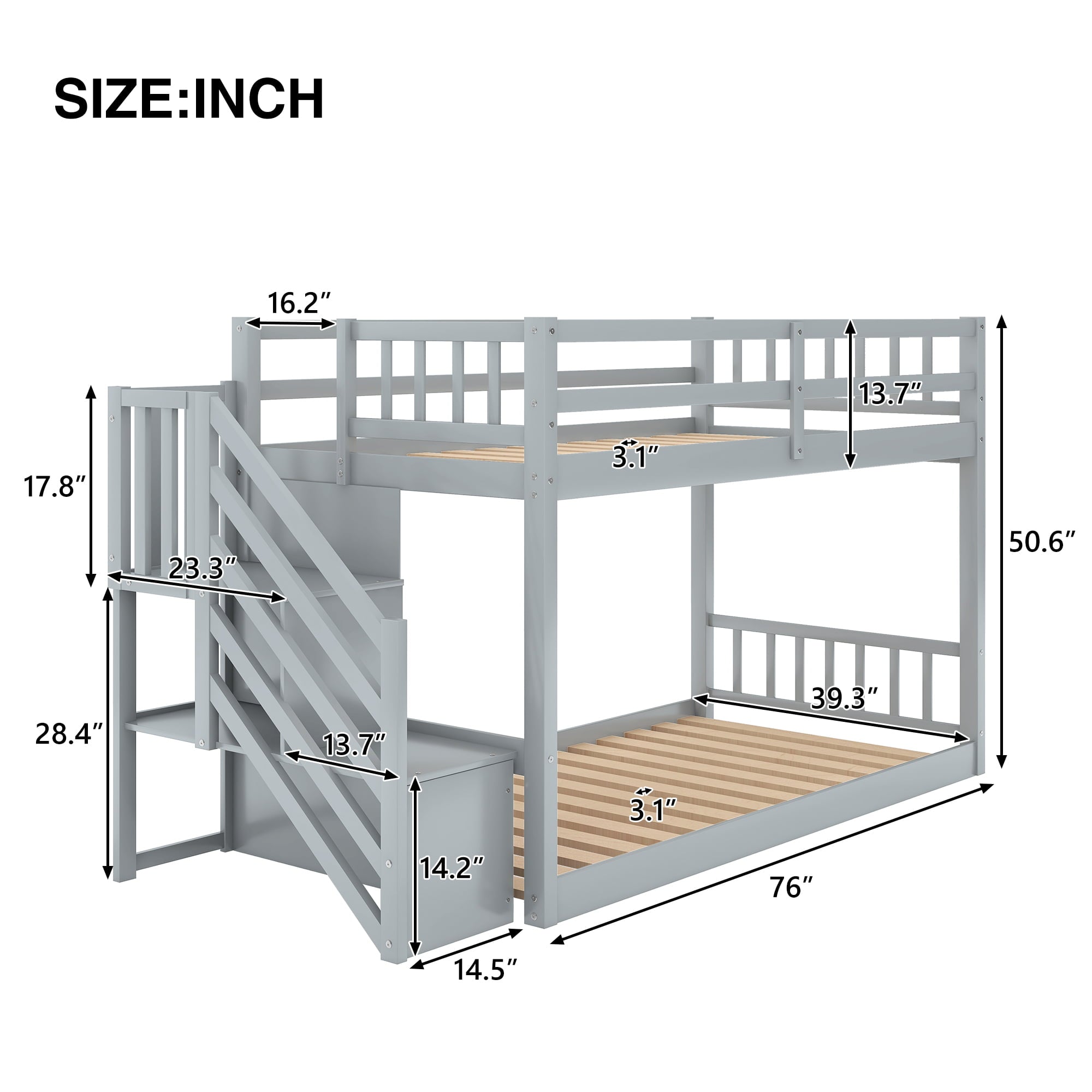 Euroco Wood Twin Over Twin Floor Bunk Bed with Stairs for Kids Room, Gray