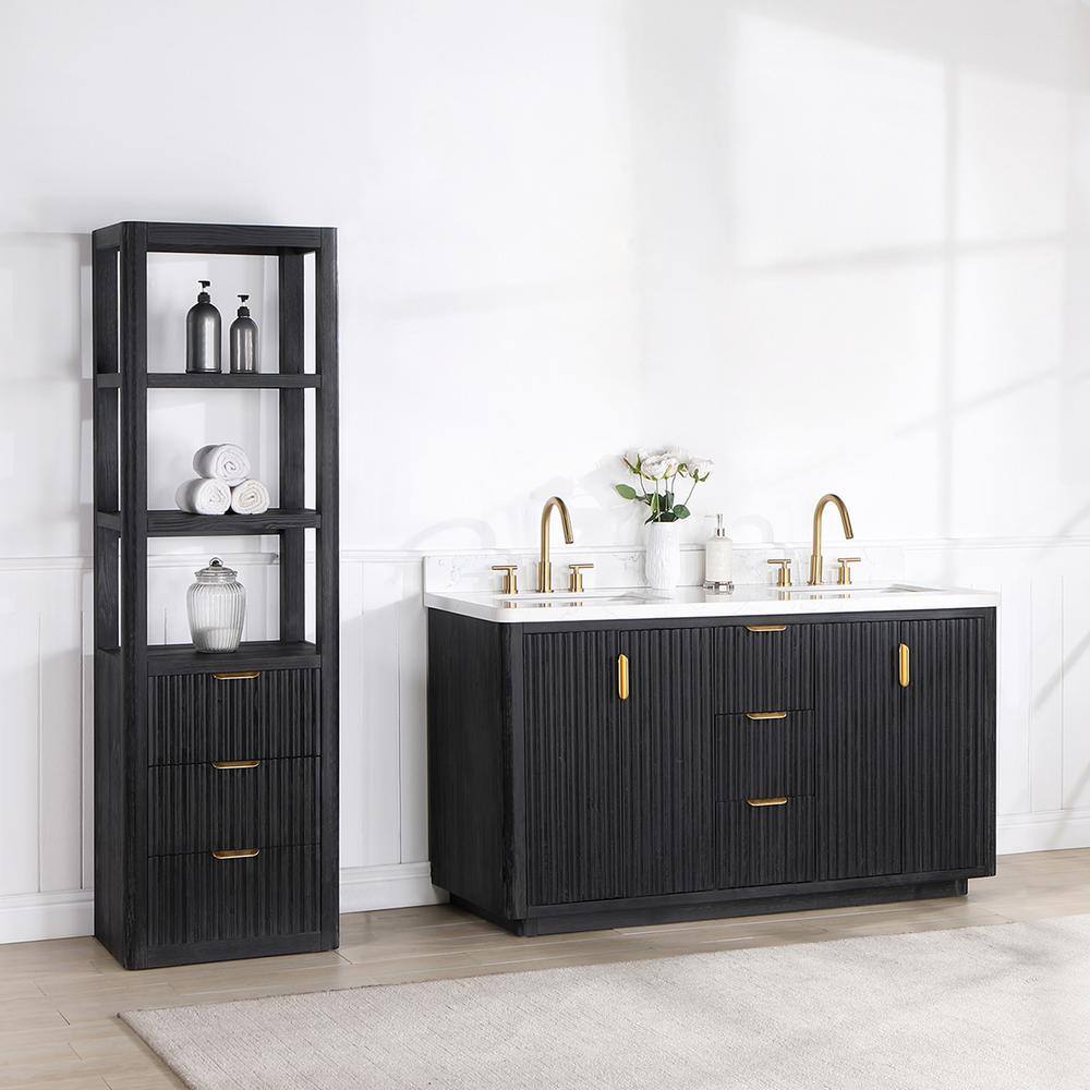 ROSWELL Cádiz 60 in. W x 22 in. D x 34 in. H Free-standing Double Bathroom Vanity in Fir Wood Black with White Composite Top 804160M-FB-LWN