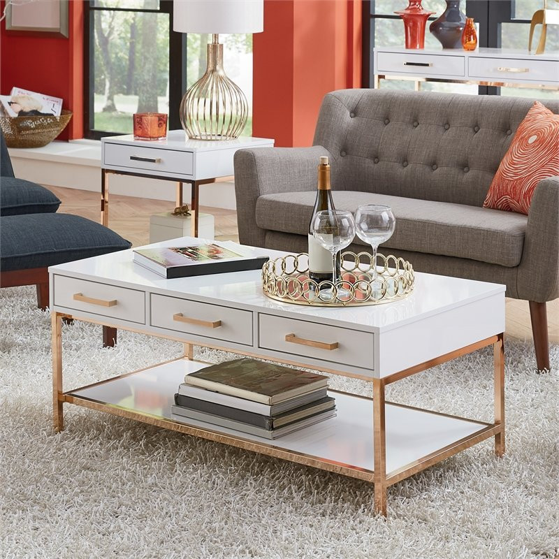 Alios Cocktail Table with White Gloss Finish and Gold Chrome Plated Base   Contemporary   Coffee Tables   by Homesquare  Houzz