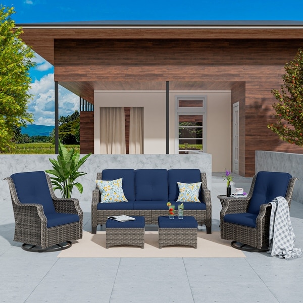 Cozywor 6Piece Outdoor Patio Swivel Rocking Wicker Conversation Lounge Chairs with Side Table and Ottoman