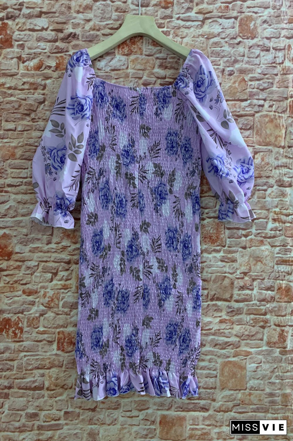 Square Neck Puff Sleeves Floral Slim Dress