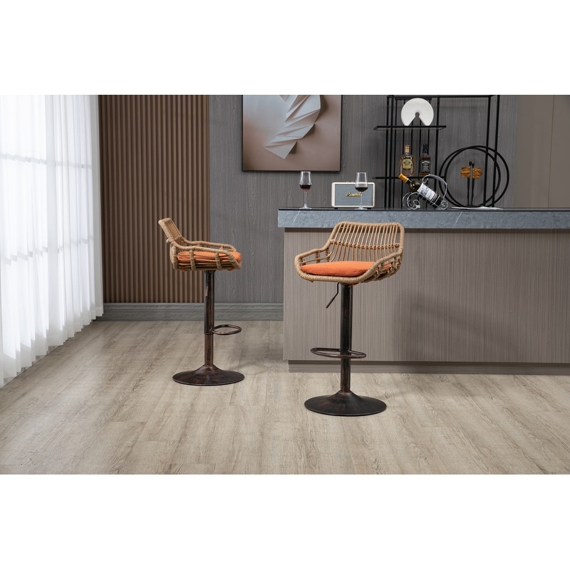 Modern Bar Stool Set of 2  Rattan Barstools Height Adjustable Bar Chairs Swivel Barstools with Footrest for Kitchen  Dining Room