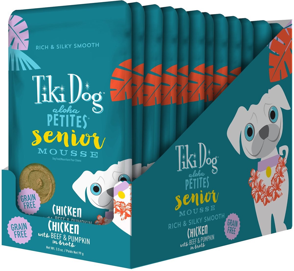 Tiki Dog Aloha Petites Senior Mousse Chicken， Beef and Pumpkin in Broth Grain-Free Wet Dog Food， 3.5-oz， case of 12