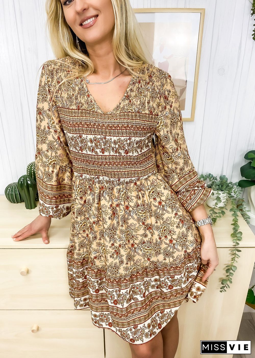 V Neck Bohemian Print Dress