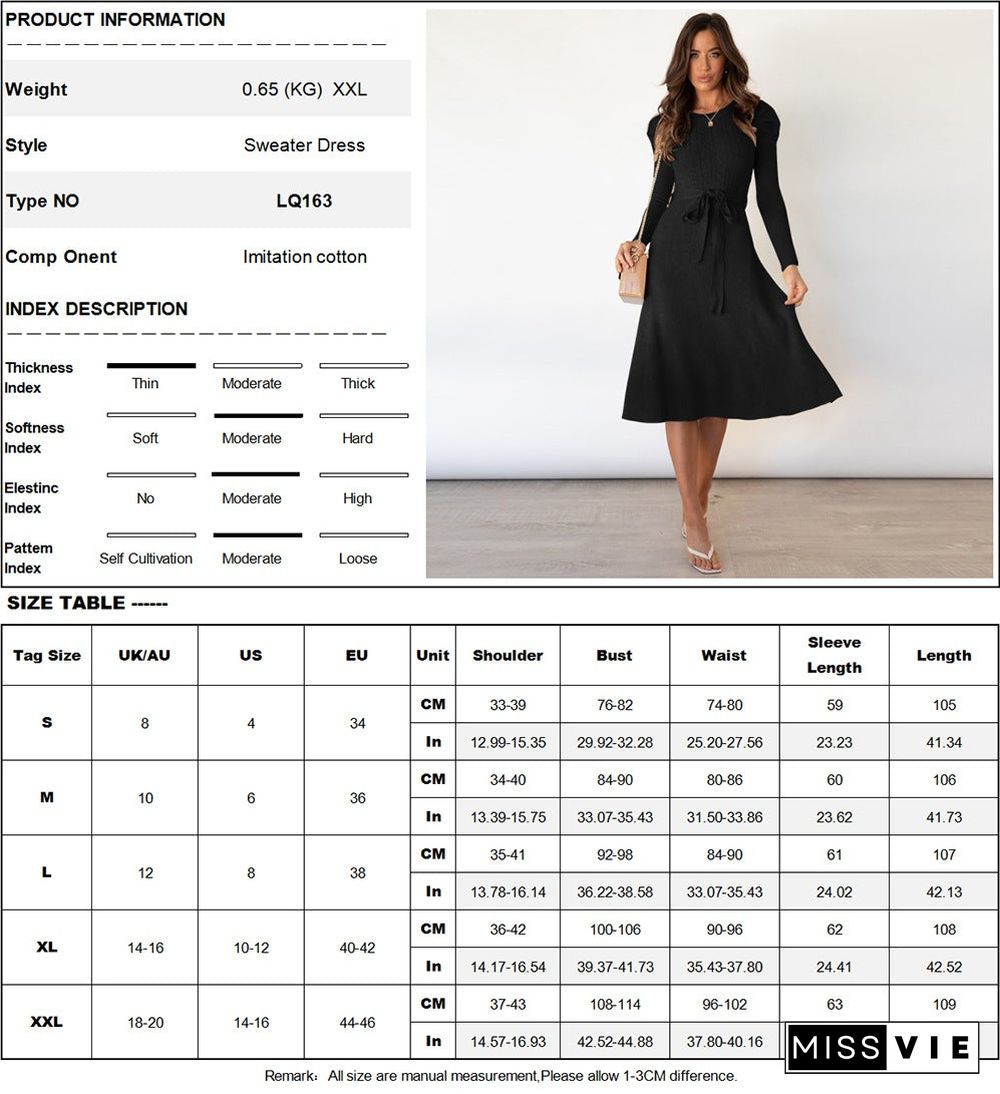 Bubble Long Sleeve Knitted Skirt Medium Long Wool Dress Black Dresses