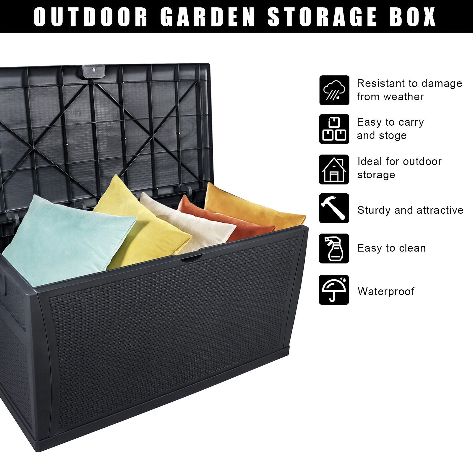 120 Gallon Resin Deck Box Indoor Outdoor Storage Box with Lockable Lid for Patio Cushions, Toys, Garden Tools Black