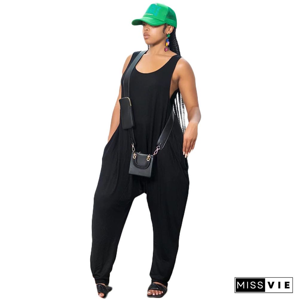 Solid Loose Sleeveless Pocket Design Jumpsuits