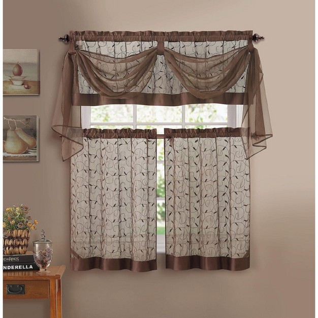 Kate Aurora Complete 4 Piece Linen Leaf Embroidered Complete Kitchen Curtain Set