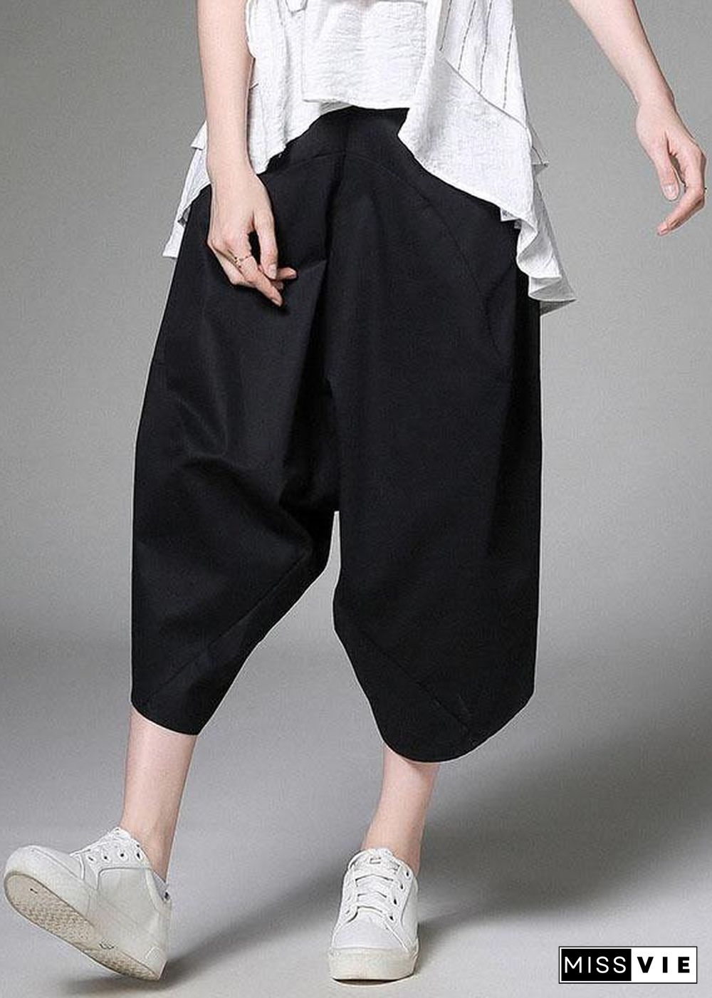 Plus Size White Pockets Patchwork Cotton Casual Harem Pants