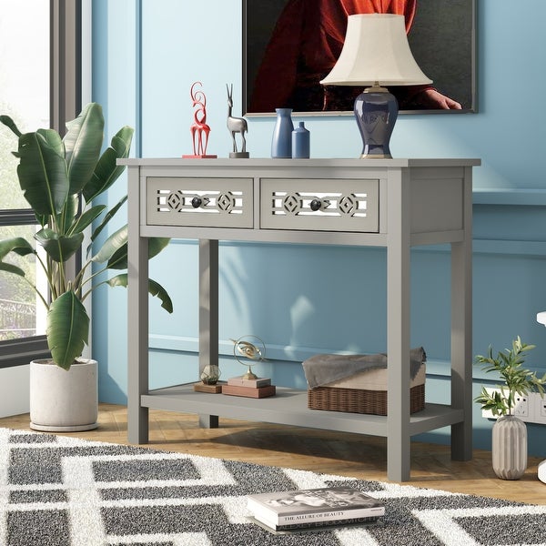 Classic Console Table Side Table with 2 Drawers and Open Shelf， Solid Wood Entryway Table Sofa Table with Hollow-out Decoration