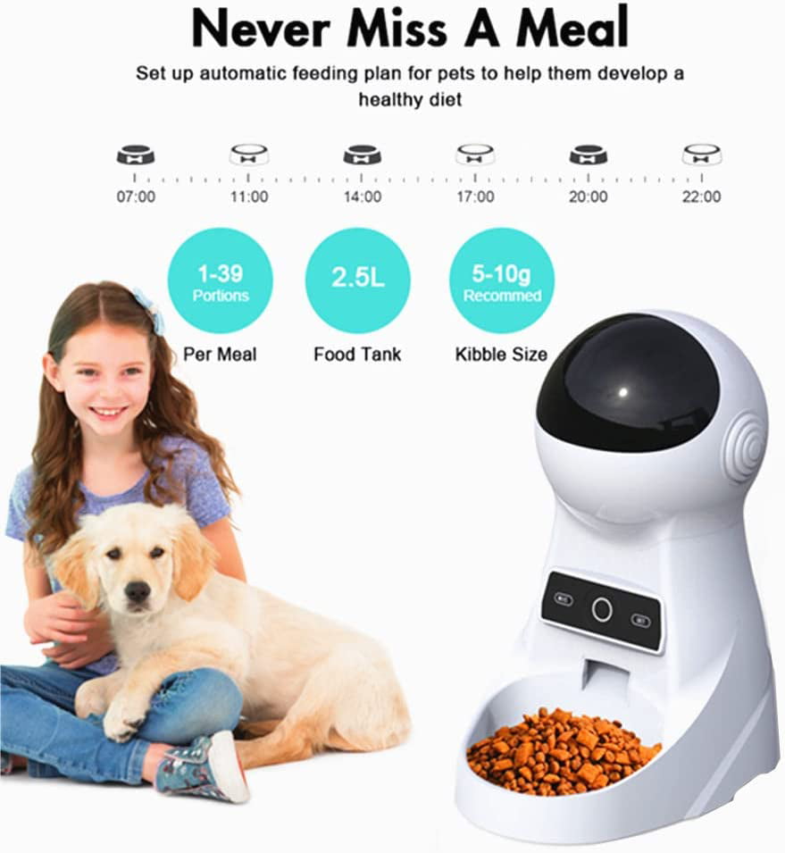 Alla Pets Dogs and Cats Feeder， Smart Automatic Pet Feeder Food Bowl Tank， Auto Pet Dry Food Dispenser 1~39 Portions Meal for Small and Large Pets (White)