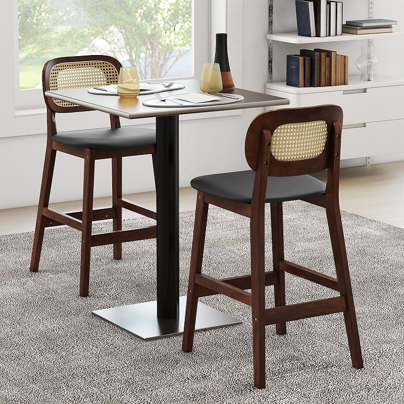 Wood Bar Chairs With Pe Rattan Backrest  Padded Seat And Footrest-brown