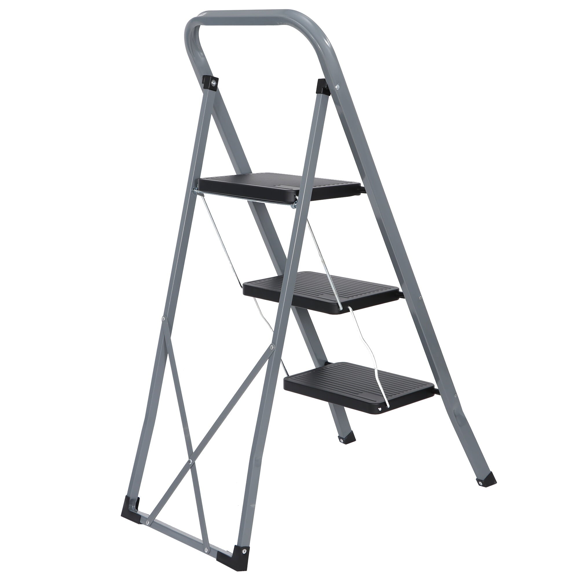 HomGarden Folding 3-Step Ladder, Steel Step Stool with Handgrip, Wide Pedal Non-Slip Max 300 lbs Black