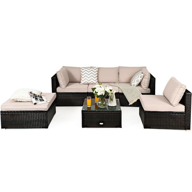 Costway 6pcs Outdoor Rattan Furniture Set Patio Seating Set Cushioned Ottoman