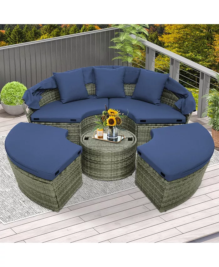 Costway Patio Rattan Daybed Outdoor Sectional Seating with Side Table and Retractable Canopy