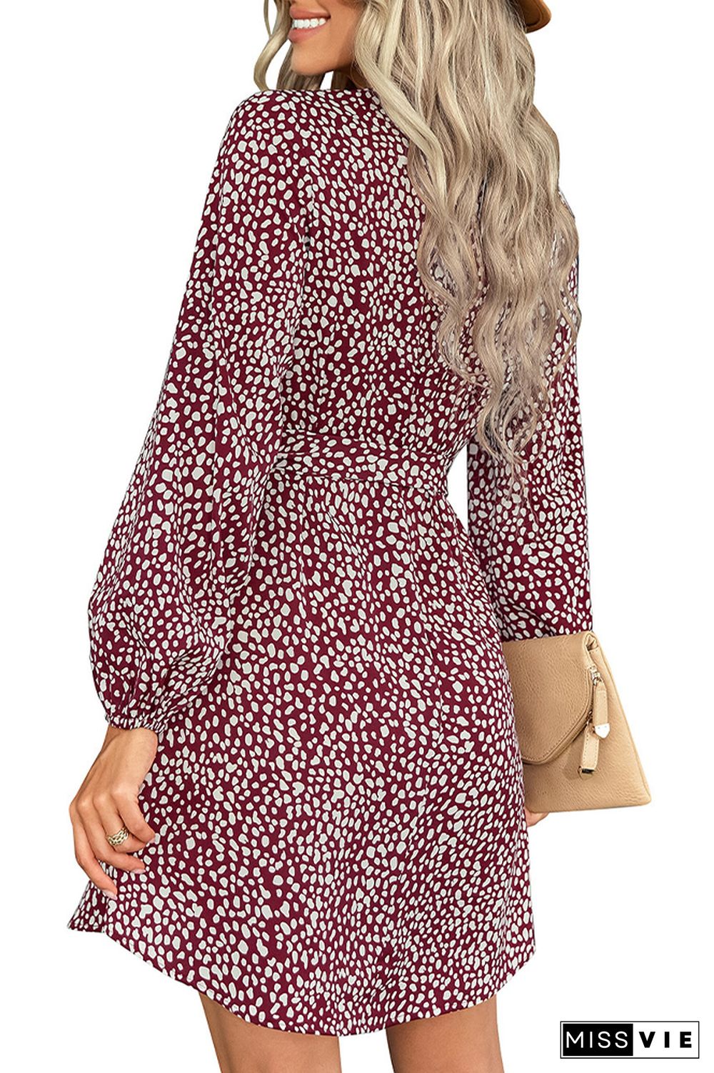 Leopard Print Waist Belt Long Sleeves Mini Dress