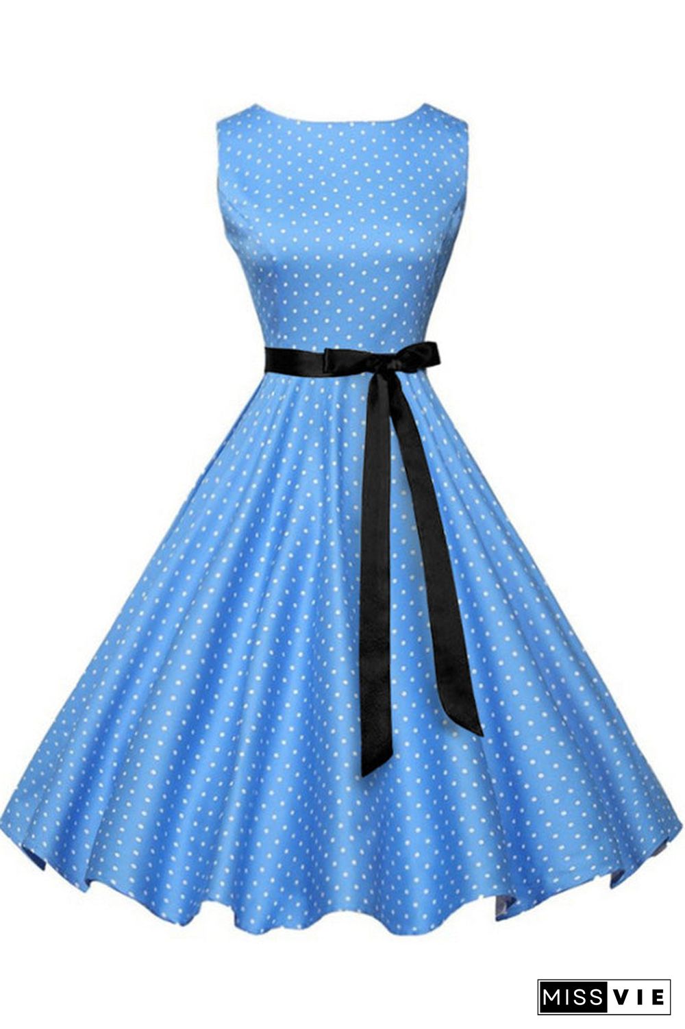 Blue Polka Knot Sleeveless Belted Dress