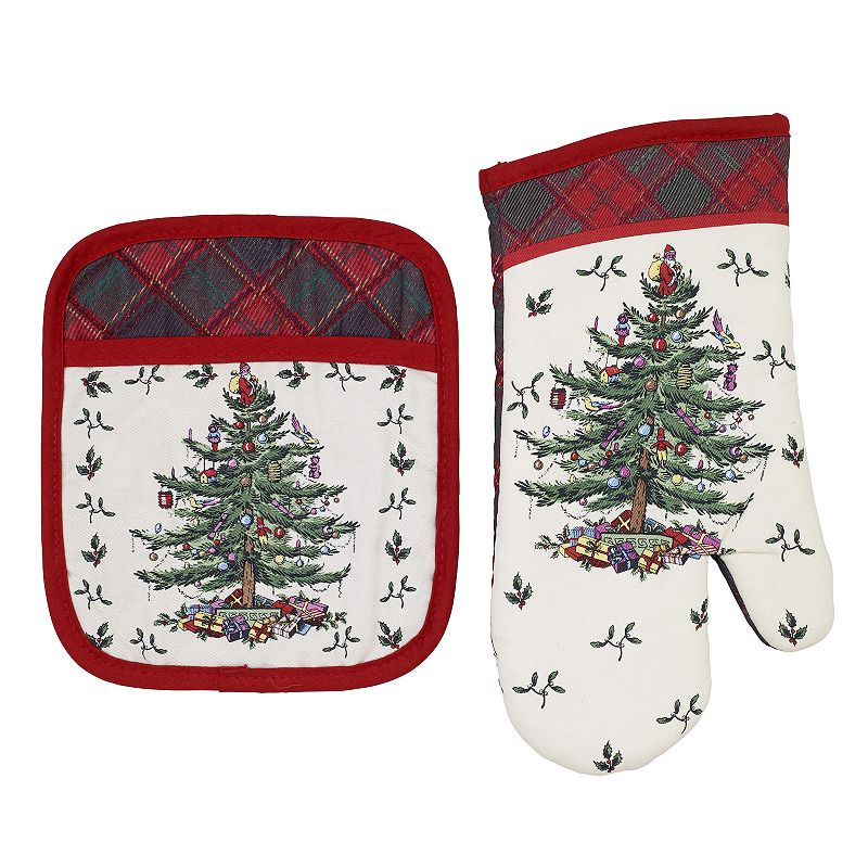 Spode Christmas Tree Tartan Pot Holder and Oven Mitt Set