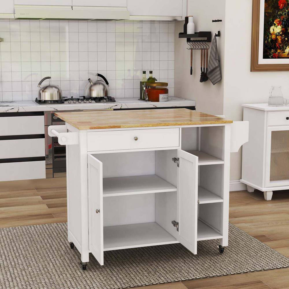 Double Door Kitchen Island White with Lockable Wheels Towel Rack Storage Drawer and 3-Open Shelves LN1228CA-K1