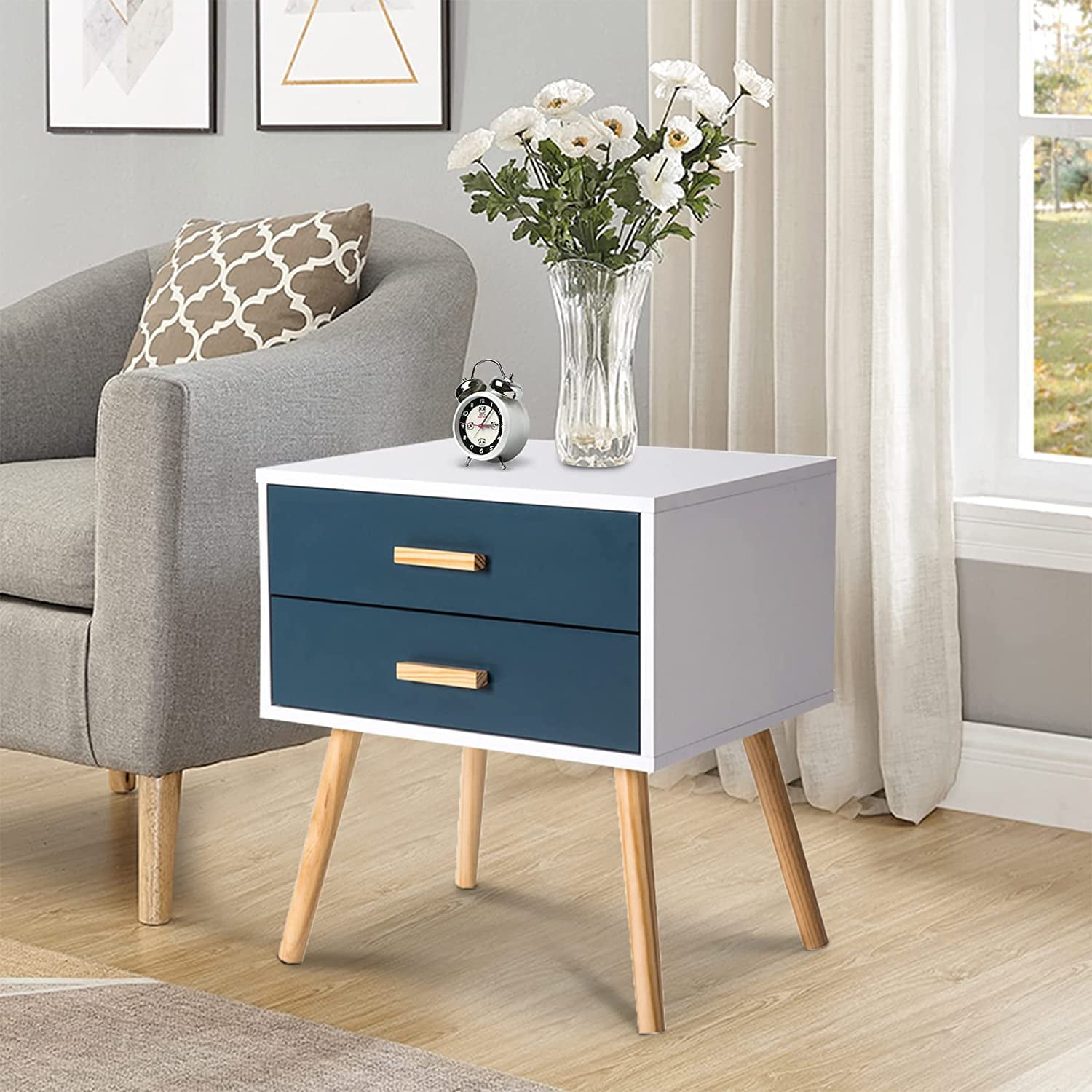 Kinbor Side End Table Nightstand Bedroom Living Room Table Cabinet With 2 Drawers Storage