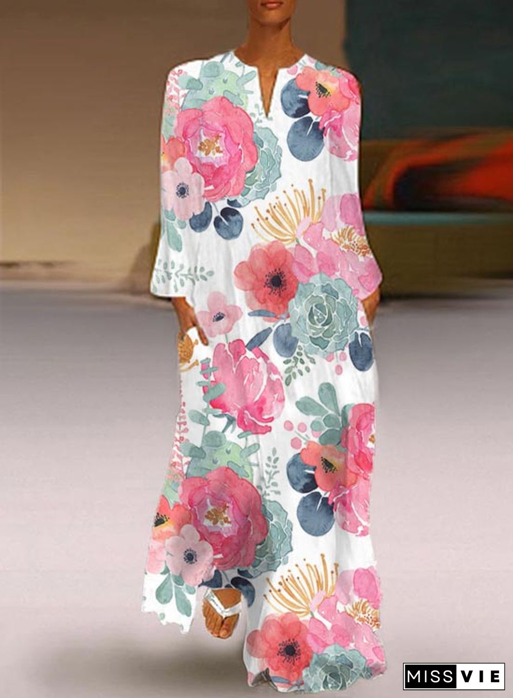 Casual Floral V Neck Long Sleeve Dress