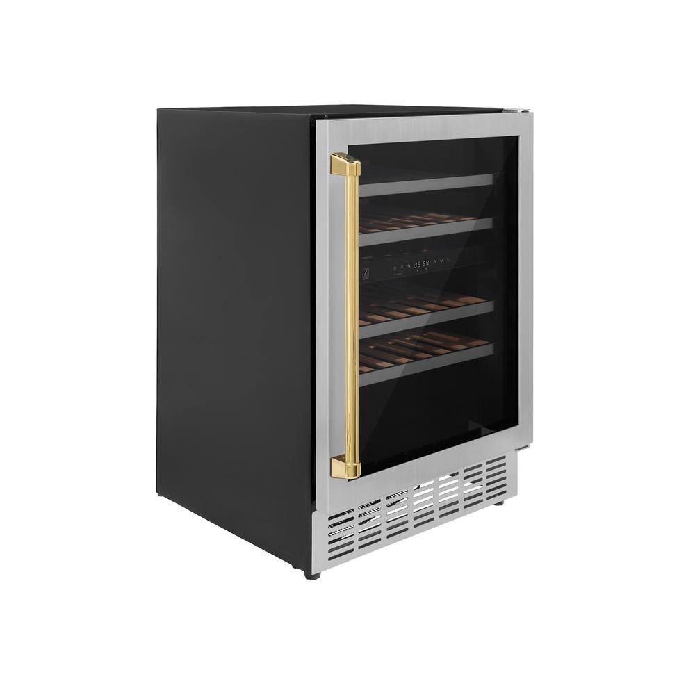 ZLINE Kitchen and Bath Monument Autograph Edition 24 in. Dual Zone 44-Bottle Wine Cooler with Gold Handle in Stainless Steel RWVZ-UD-24-G