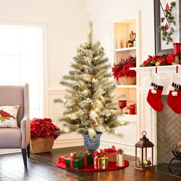 4Ft PreLit LED Artificial Flocked Pine Christmas Tree Potted (Set of 2)