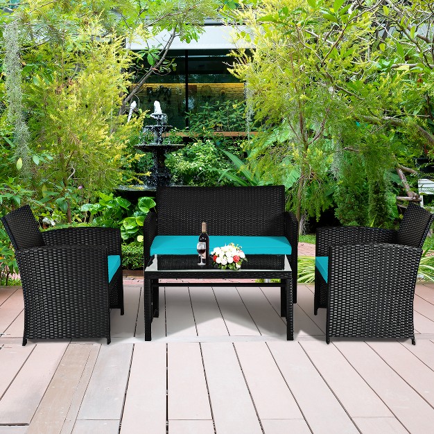 Tangkula 4 Piece Outdoor Patio Rattan Furniture Set Turquoise Cushioned Seat For Garden Porch Lawn