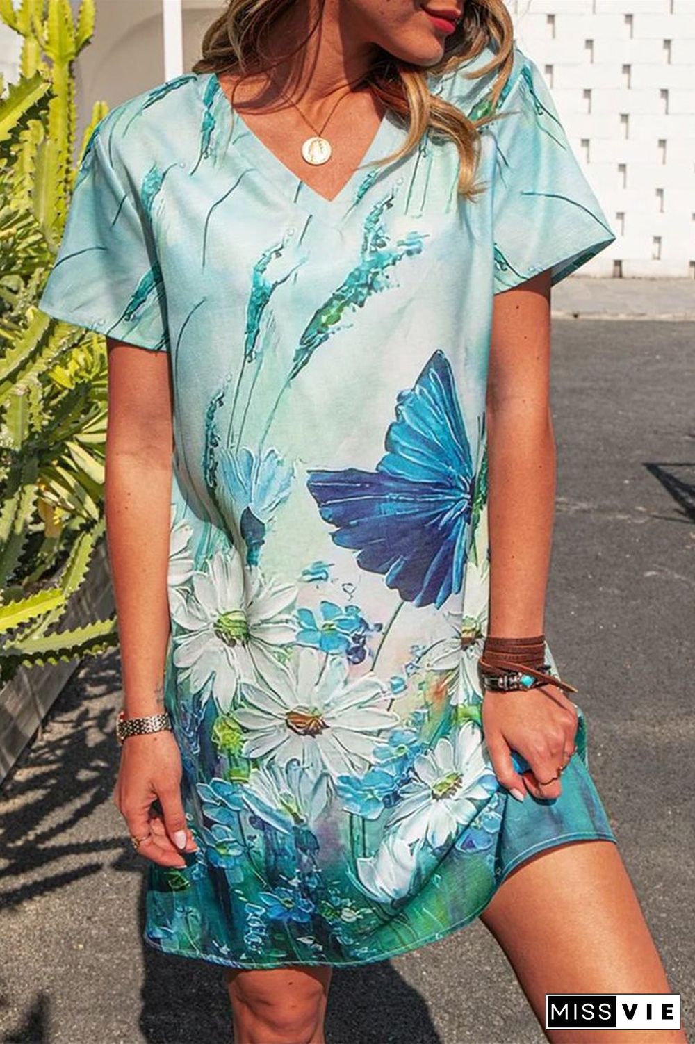 Short Sleeve V-Neck Floral Print Dress