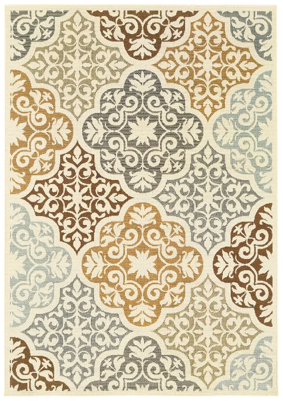 Bali 5 x 8 Medium Ivory， Blue， and Gold Indoor-Outdoor Rug