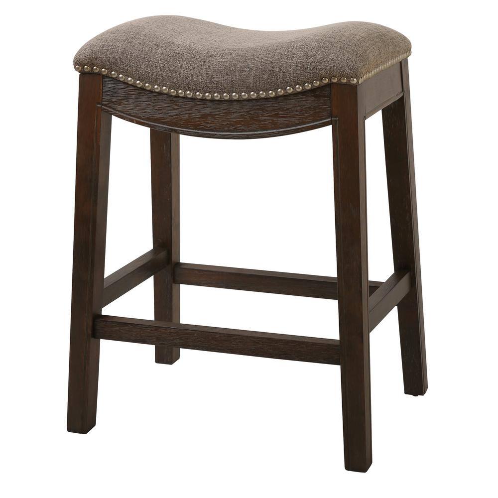 New Ridge Home Goods Saddle Backless Weathered Grey Wood 25.5 in. Counter-Height Bar Stool with Smoked Gray Linen Seat One Stool NH100154-FCS-WG