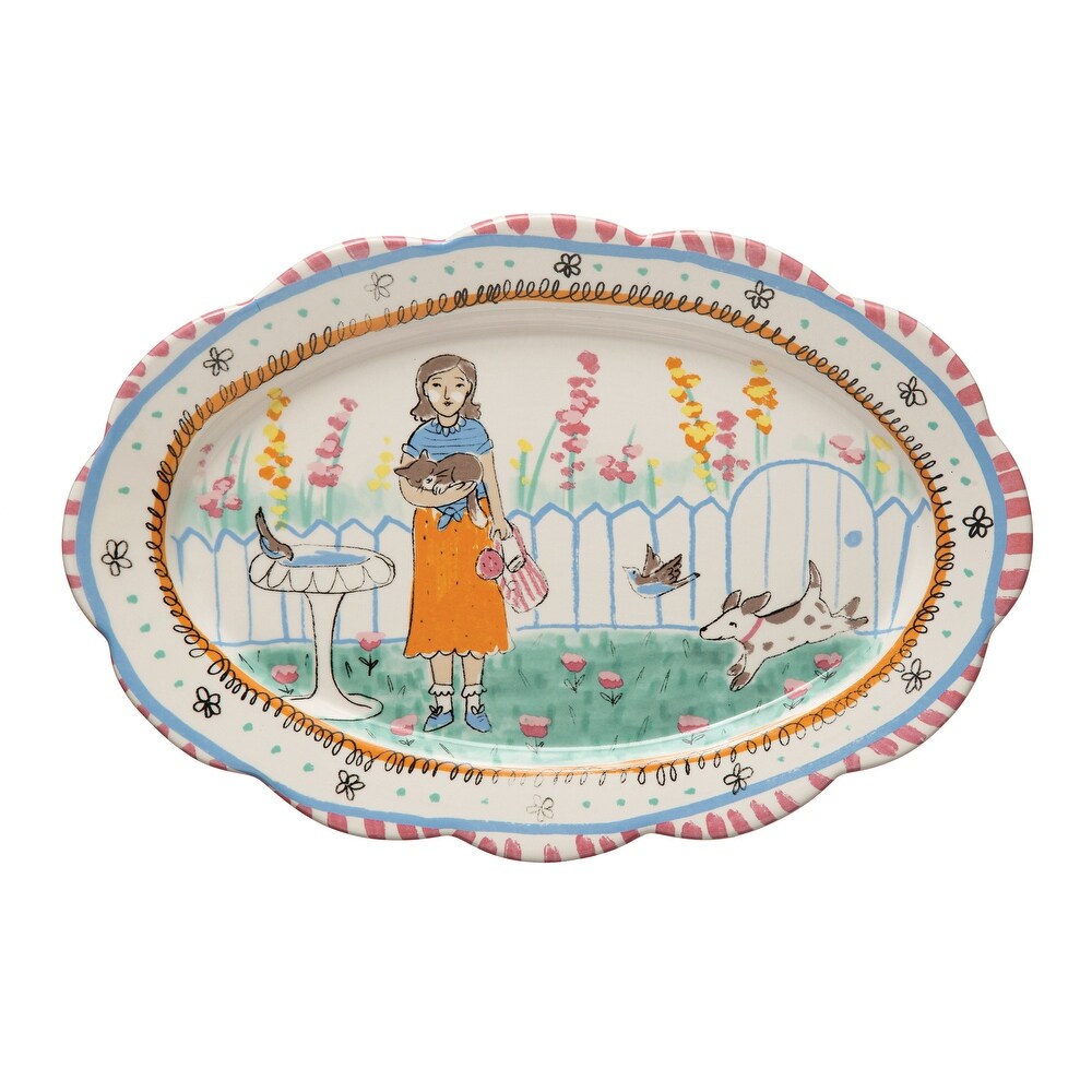 Decorative Ceramic Platter with Painted Illustration and Scalloped Edge   14.4\