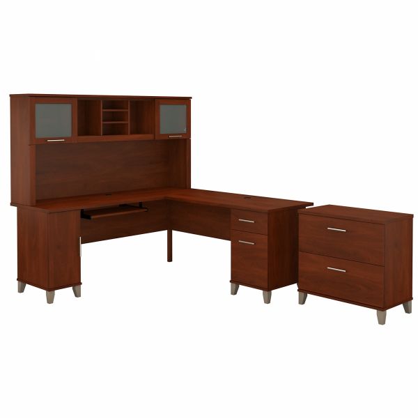 Bush Furniture Somerset 72W L Shaped Desk with Hutch and Lateral File Cabinet in Hansen Cherry