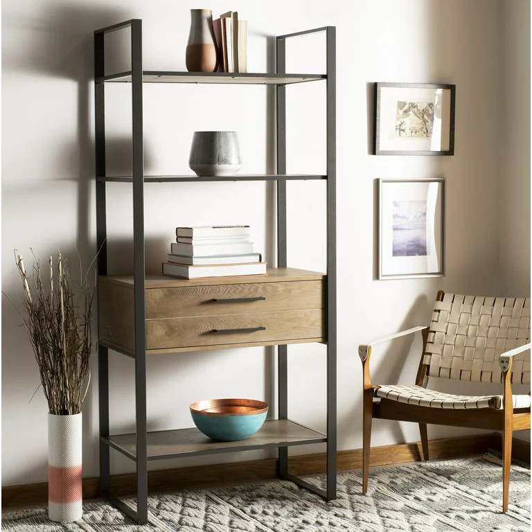 Contemporary Etagere  Metal Frame With Open Shelves  ampCenter Drawers  Rustic Oak   Industrial   Bookcases   by Decorn  Houzz