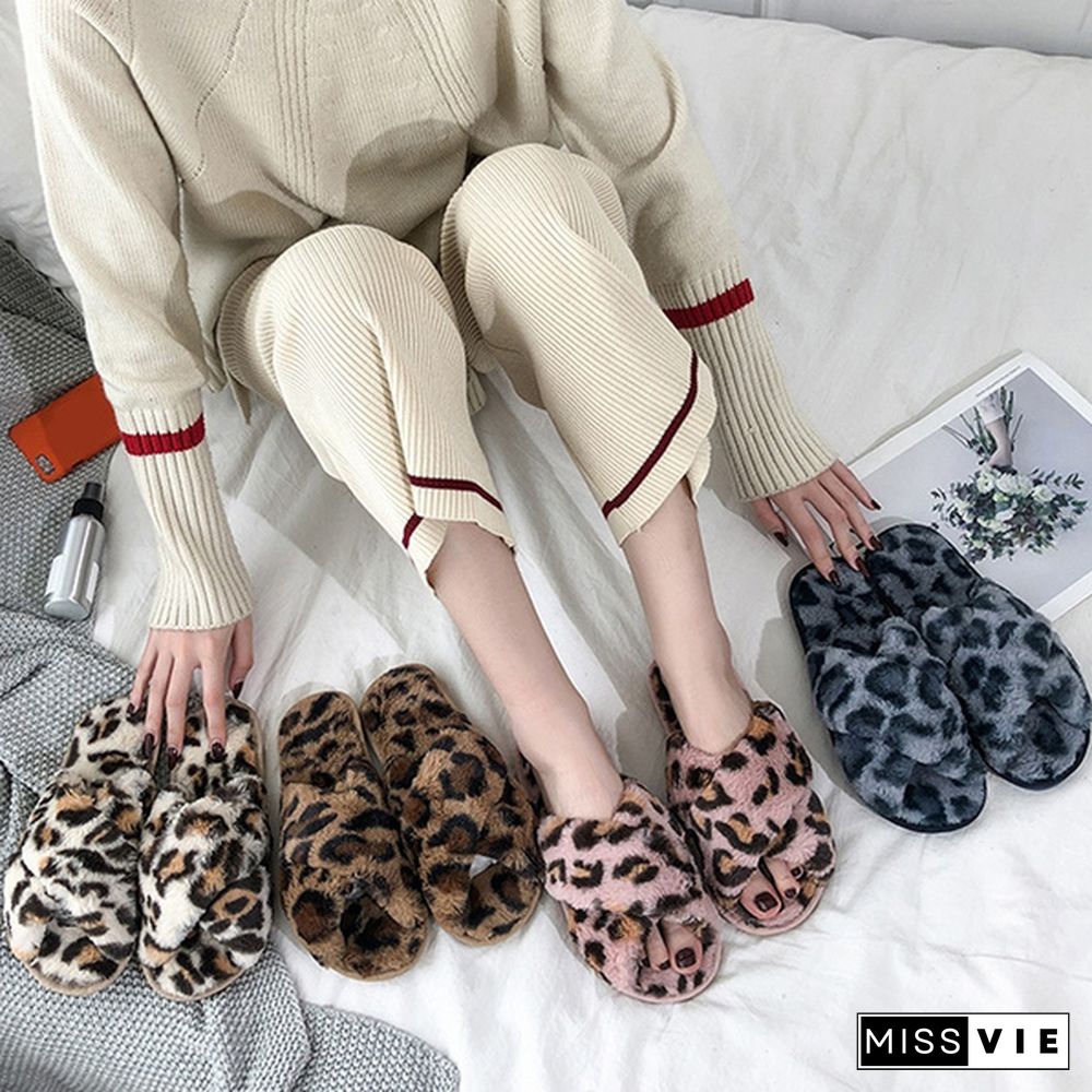 Women Fashion Sexy Flat Leopard Cross Strap Fluffy Soft Slippers Sandals Party Indoor Flip Flop Shoes