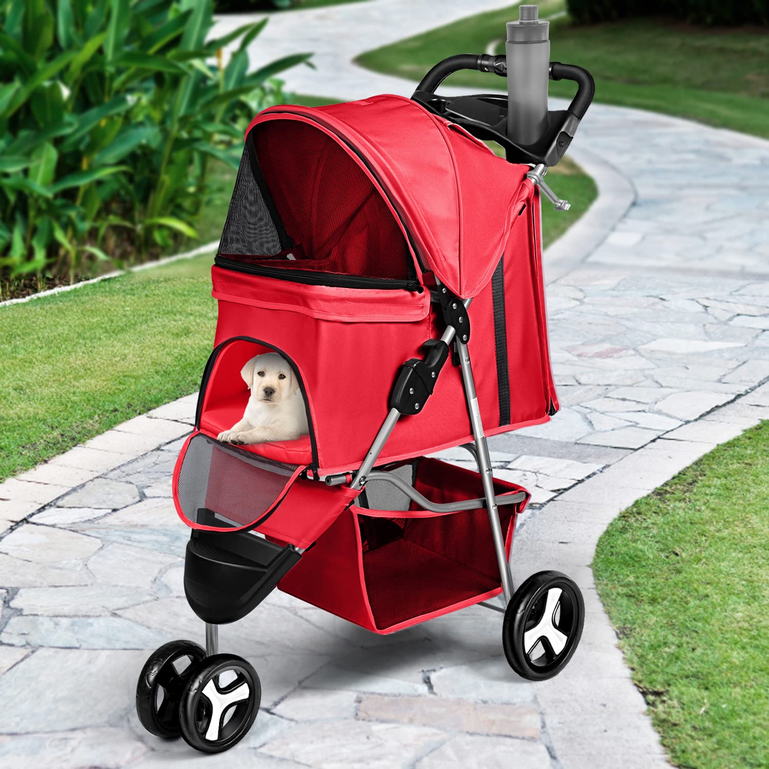 Pet Stroller 3 Wheel Foldable Cat Dog Stroller with Storage Basket and Cup Holder for Small and Medium Cats， Dogs， Puppy (Red)