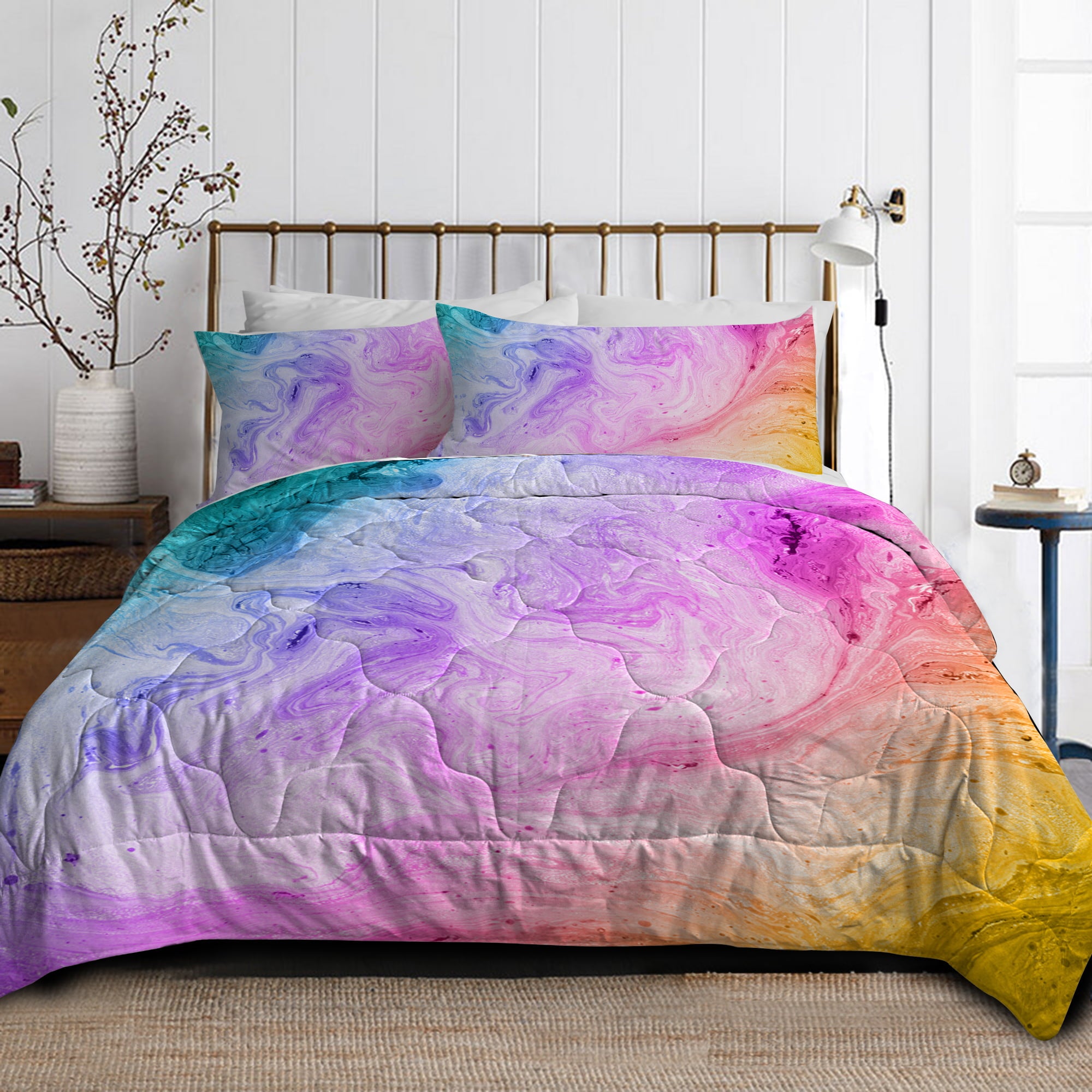 Arightex 3 Pieces Tie Dye Bedding Comforter Set with Pillow Shams， Abstract Pastel Pink Purple Marble Pattern Printed， Twin Size Bedding Set， Gifts for Teen girls Kids Women