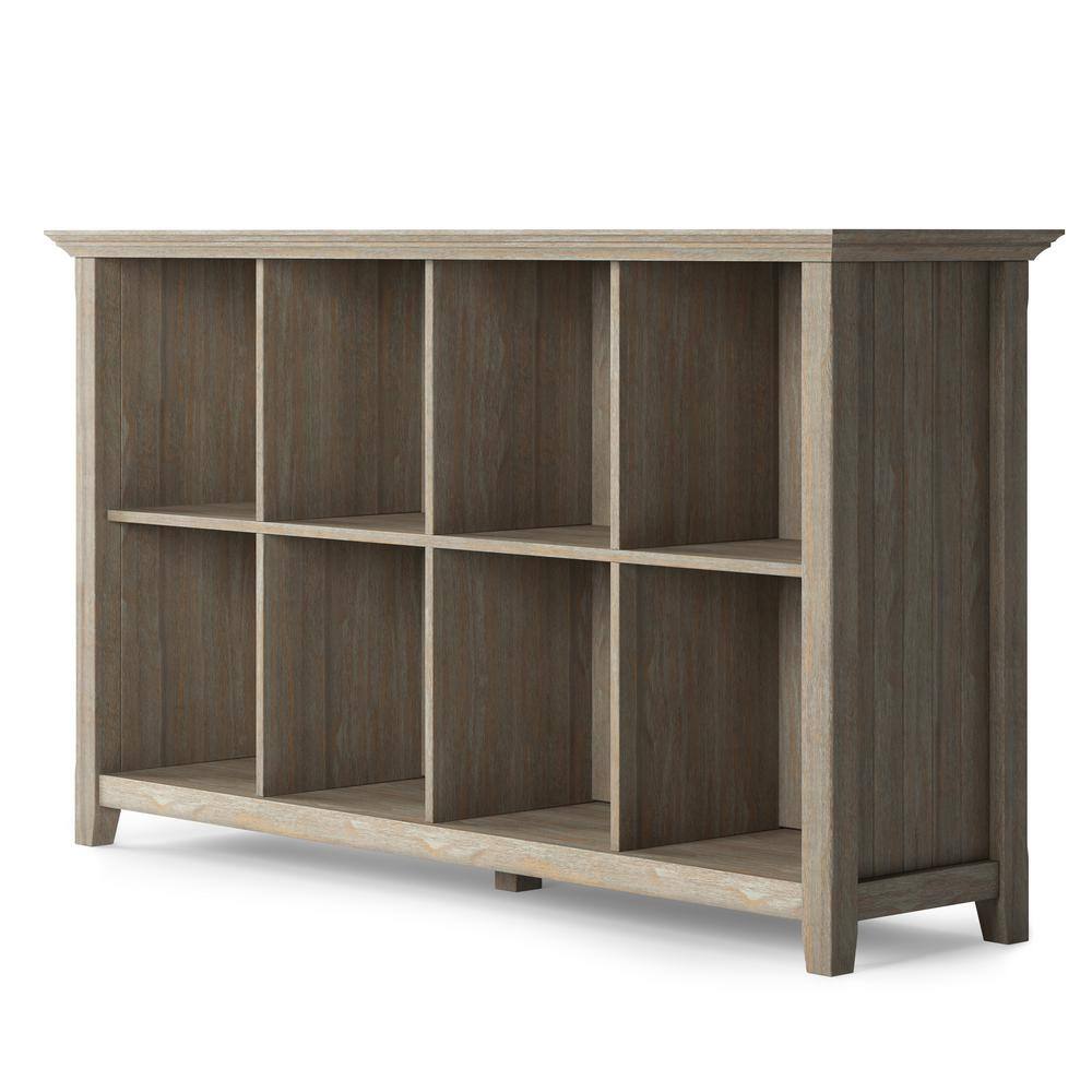 Simpli Home Acadian Solid Wood 33 in. x 57 in. Transitional 8 Cube Storage Sofa Table in Distressed Grey AXWELL3-014GR