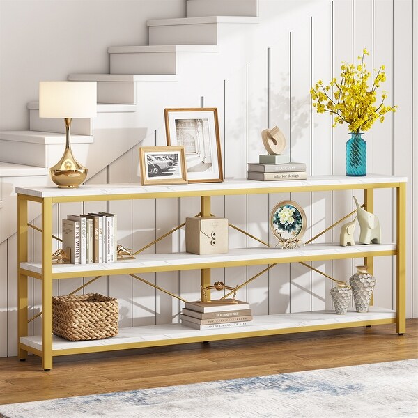 Brown Industrial Extra Long Console Sofa Table，White/ Gold 3 Tiers TV Stand