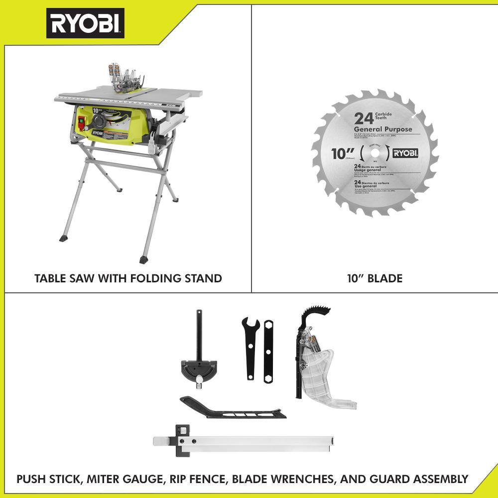 RYOBI 15 Amp 10 in. Compact Portable Corded Jobsite Table Saw with Folding Stand RTS12