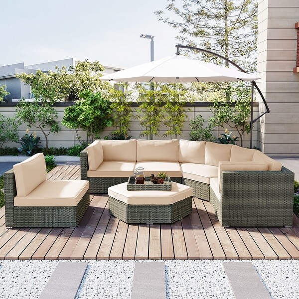 Roomfitters 6 Piece Outdoor Conversation Set，AllWeather Wicker Sectional Sofa with Ottoman，Cushions，Small Trays，Gray