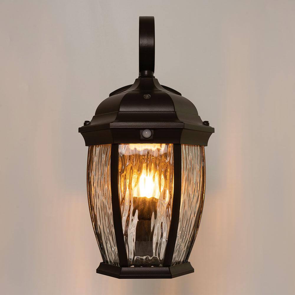 Home Decorators Collection Bronze Integrated LED Outdoor Wall Lantern Sconce with Flickering BulbClear Glass with Motion Sensor and Photocell FL-380HD