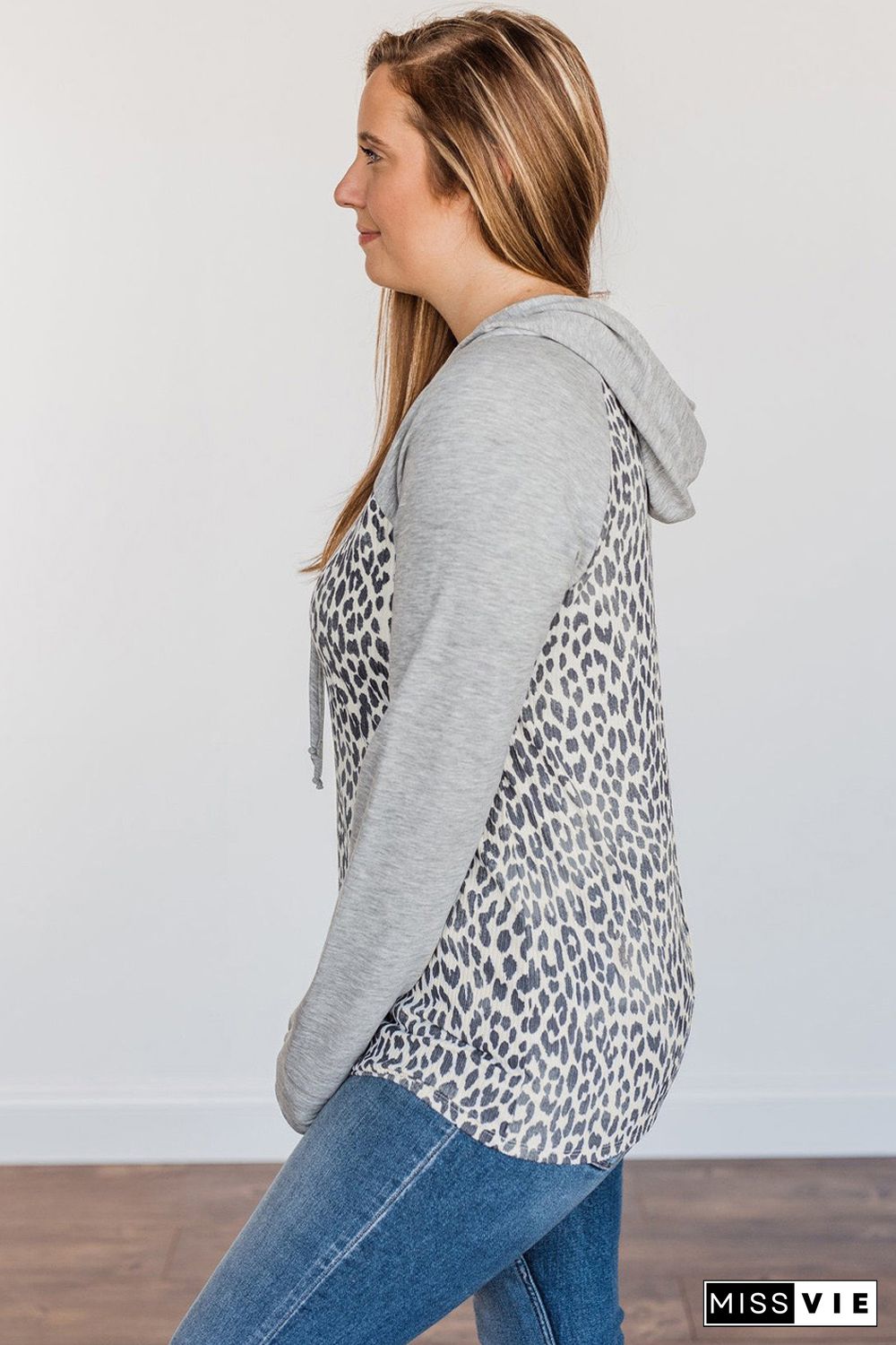 Plus Leopard Contrast Hood Long Sleeve Hoodie