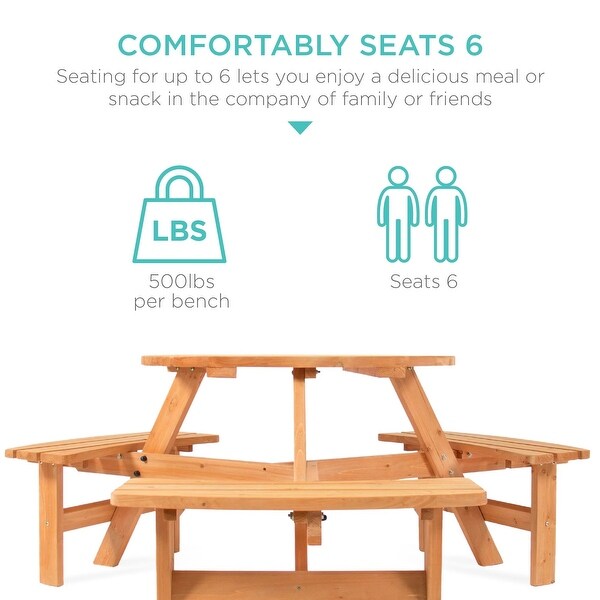 6Person Circular Wooden Picnic Table w/ Umbrella Hole，3 Benches