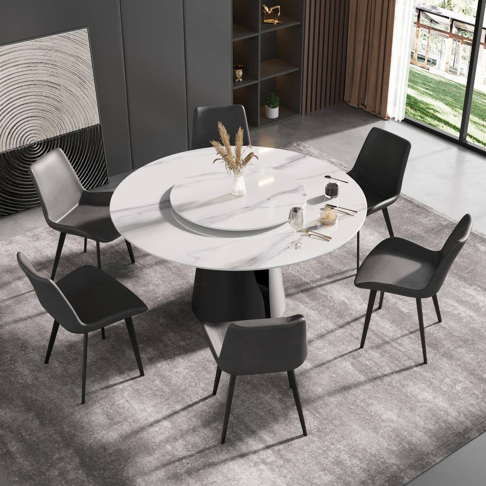 JE Home 59.05 in. White Modern Round Sintered Stone Tabletop Dining Table With Carbon Stainless Steel Base (Seats 8) PVS-DT0141DW150