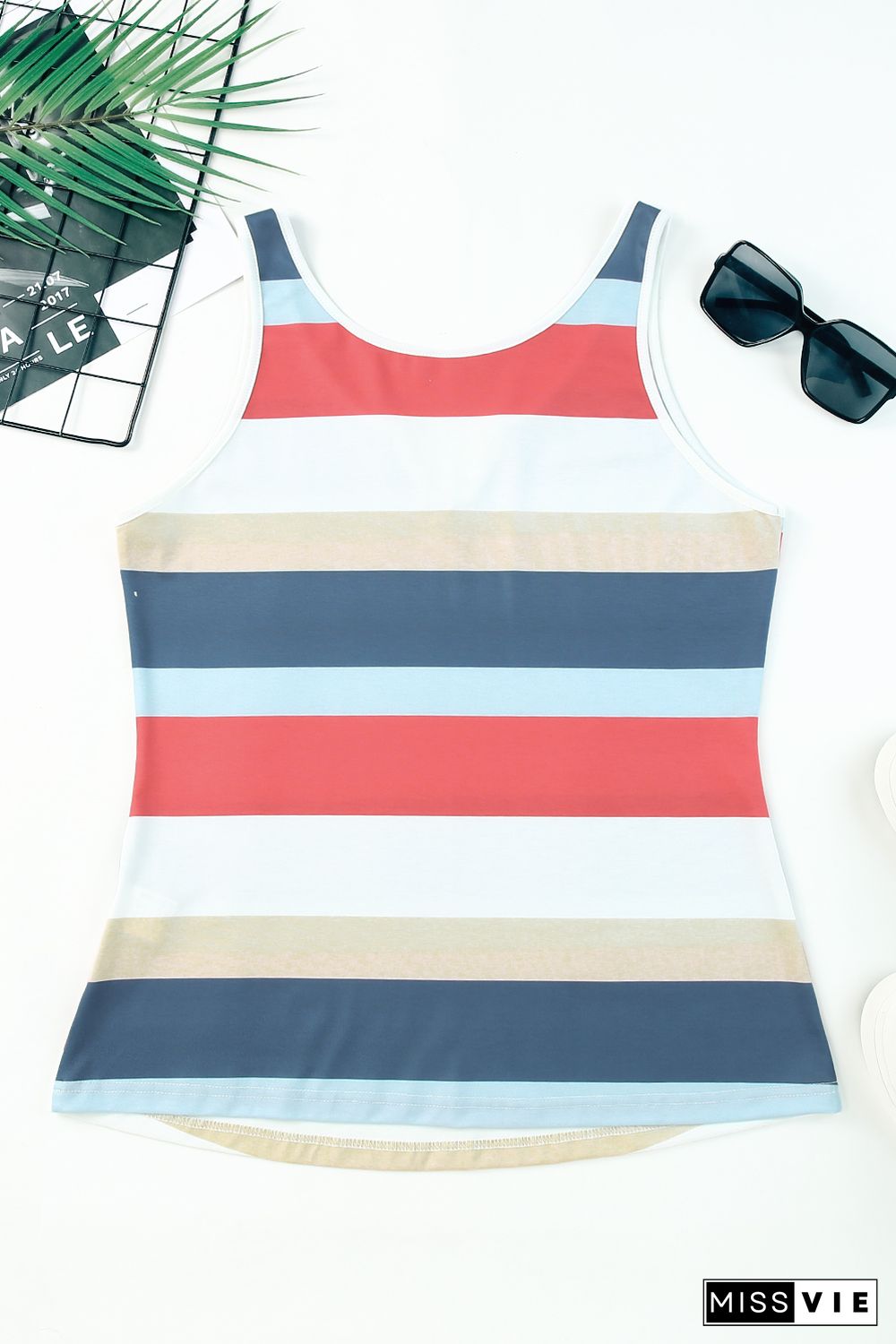 Multicolor Striped Color Block Notched Neck Tank Top