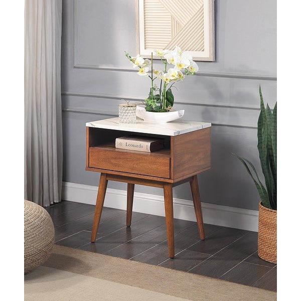 Walnut Finish End Table with Faux Marble and Drawer Shelf Living Room Furniture