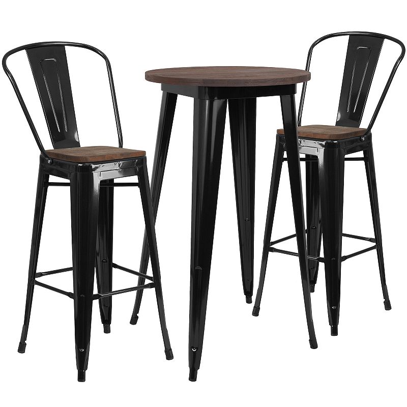 Emma and Oliver 24 Round Silver Metal/Wood Bar Table Set - 2 Stools